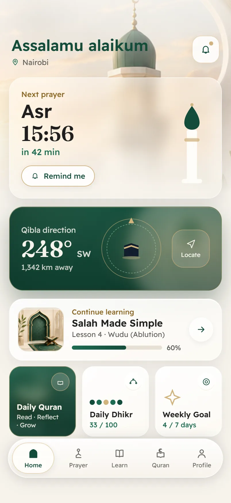 The Qiblatna home screen: the next prayer with its time, the qibla direction, and today’s reading.