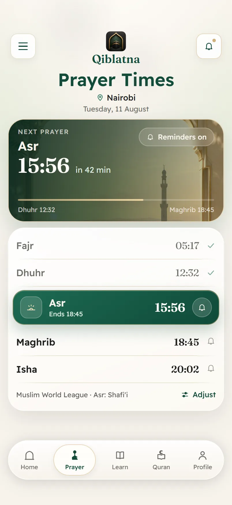 Times you can check against your own mosque — Qiblatna